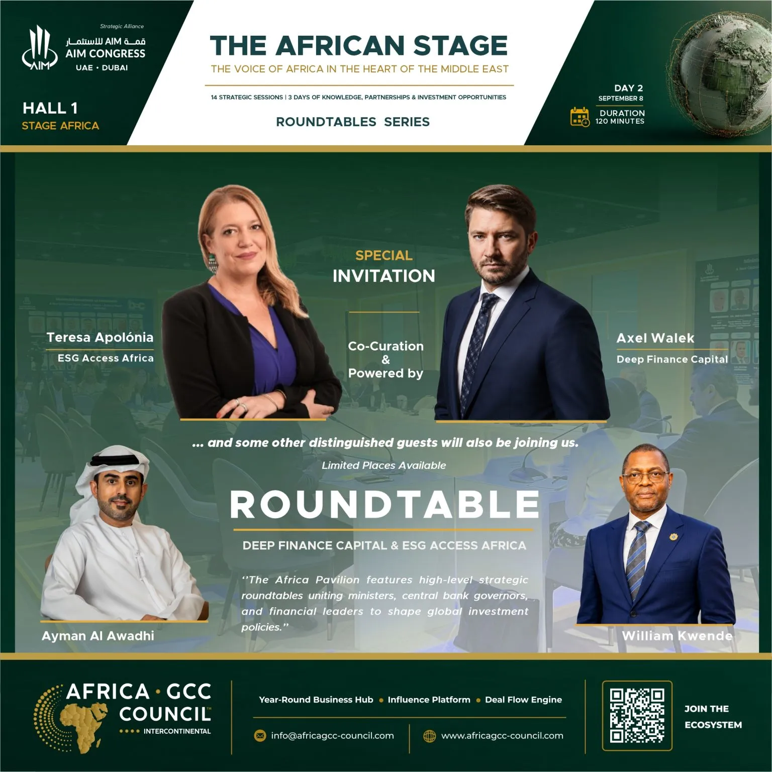 AIM Congress invitation artwork for The African Stage roundtable series in Dubai. Teresa Apolónia of ESG Access Africa and Axel Walek of Deep Finance Capital are shown as co-curators, alongside Ayman Al Awadhi and William Kwende, above the title Roundtable — Deep Finance Capital & ESG Access Africa.